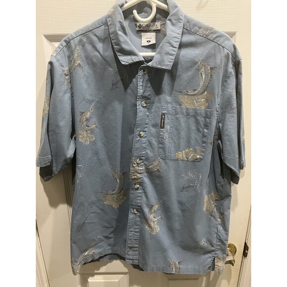 Columbia Shirt Mens M Blue Short Sleeve Button Up Marlins Fish - Picture 1 of 5